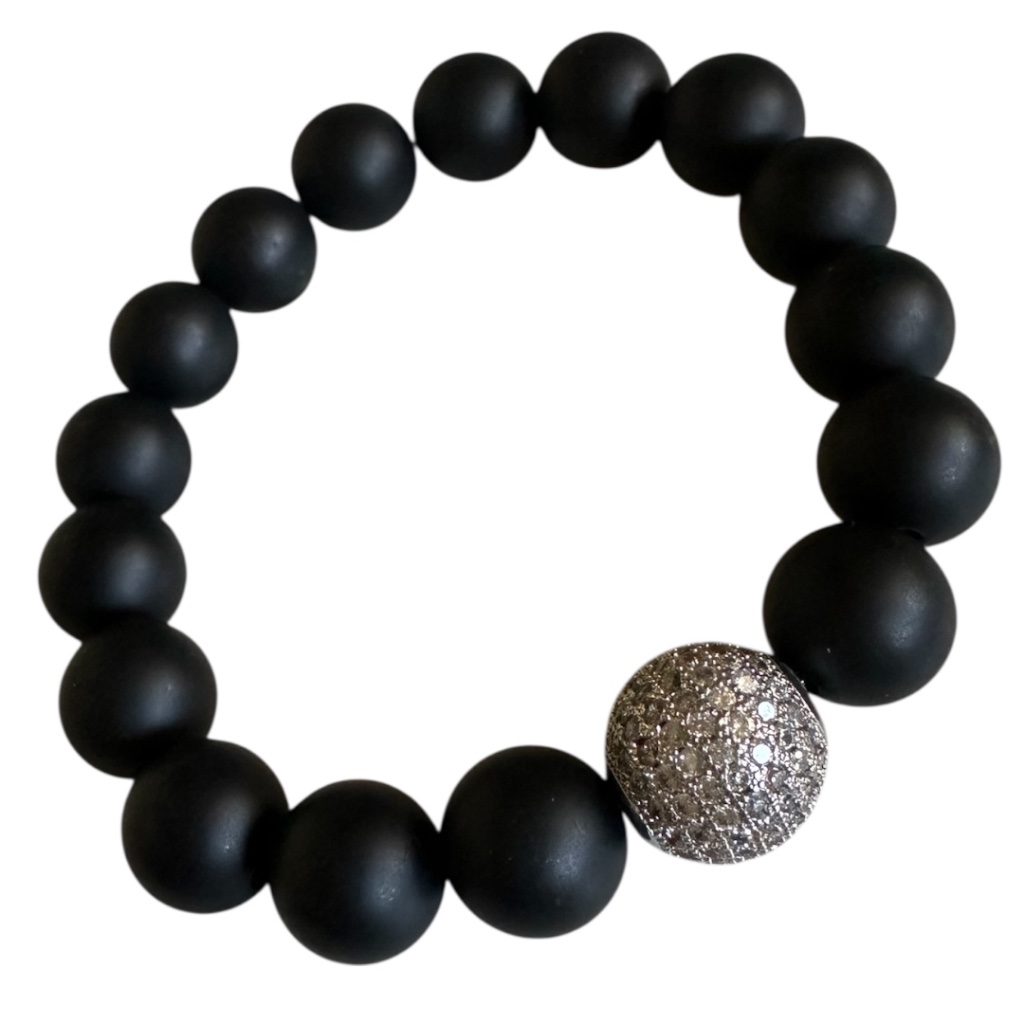 10mm Matte Onyx Stretch Bracelet With Silver Pave Ball Spacer